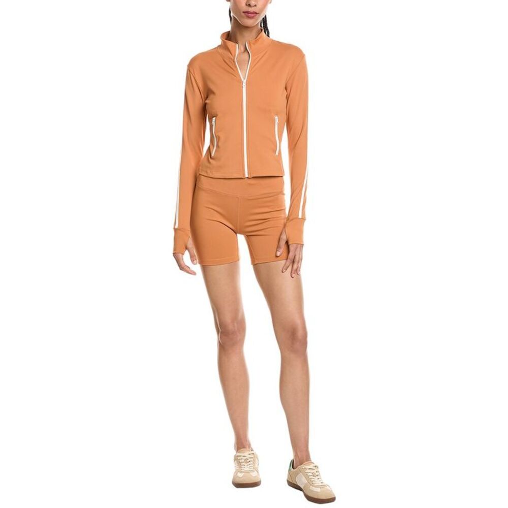 Marion Womens  2Pc 5.5In Yoga Fabric Contrast Jacket & Biker Short Set, Brown